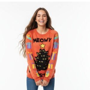 Meowy Christmas Black Cat Tree Ugly One Size Fits All Unisex Red Black Sweater
